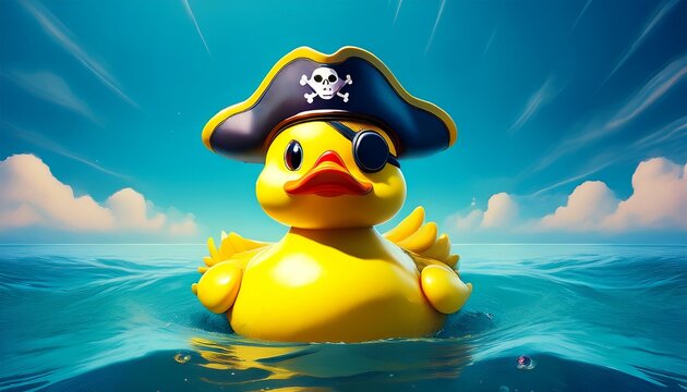 closeup of a yellow rubber duck wearing a pirate hat and an eye patch floating in the blue ocean