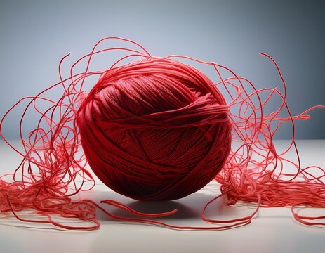 a red yarn ball sits on a light surface with messy strands spreading out in all directions like a playful tangle