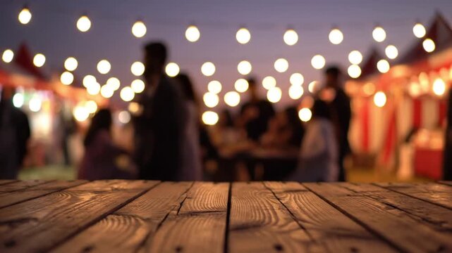 Empty wooden table with blurred background of an outdoor night market or festival, illuminated by string lights and people