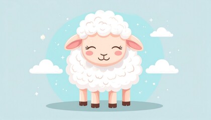 Fototapeta premium Adorable Fluffy Cartoon Sheep Illustration with Charming Smile, Set Against a Gentle Blue Sky with Subtle Sparkles, Perfect for an Islamic Background Theme