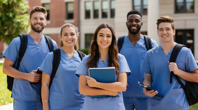 Diverse group of smiling medical students in blue scrubs stand outside a university building. They carry backpacks and books, representing future healthcare professionals ready for their careers.