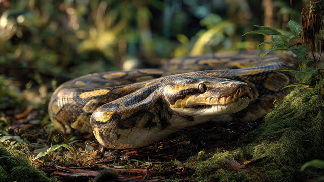 Photorealistic Burmese Python preying on its food in a natural forest, three dimensional effect, high detail, 16:9 aspect ratio, wildlife photography, natural habitat, dramatic lighting