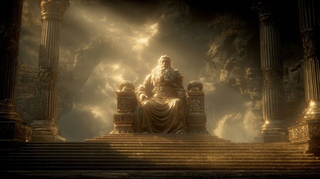 Greek mythology god Zeus. Fantasy. A grand, ethereal depiction of a majestic statue of a bearded man seated on a throne atop a grand staircase.