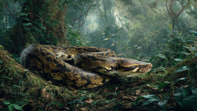 Photorealistic Burmese Python preying on its food in a natural forest, three dimensional effect, high detail, 16:9 aspect ratio, wildlife photography, natural habitat, dramatic lighting
