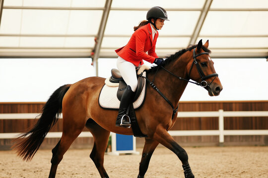 Young woman in red jacket rides brown horse in indoor arena. Rider wears helmet and white pants. Horse trots with mane flowing during training practice.