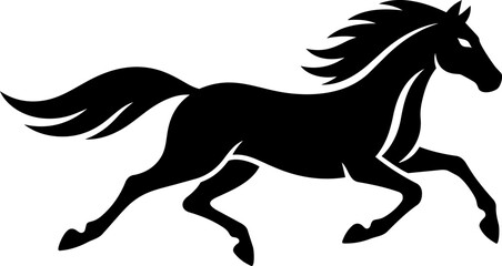 Horse icon in black minimalist silhouette style, shown running with flowing mane and tail, isolated on white background. Suitable for equestrian, wildlife, ranch, logo and sticker designs. © Flower_Ranger