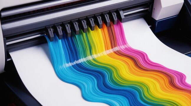 Printer nozzles spray vibrant ink streams onto white paper. Multicolor waves form a spectrum. This shows precise color calibration and registration alignment test print.