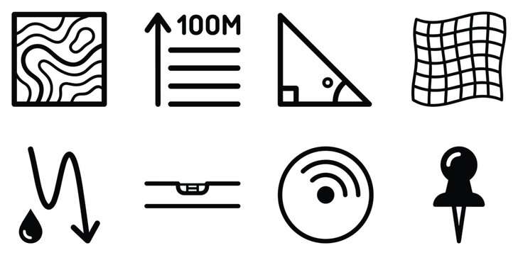 Farm and land measurement icons for topography, altitude, angles, and grid systems.