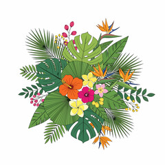 Tropical flowers and green leaves arrangement. © Makdum
