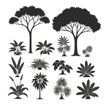 Collection of various tropical tree silhouettes.