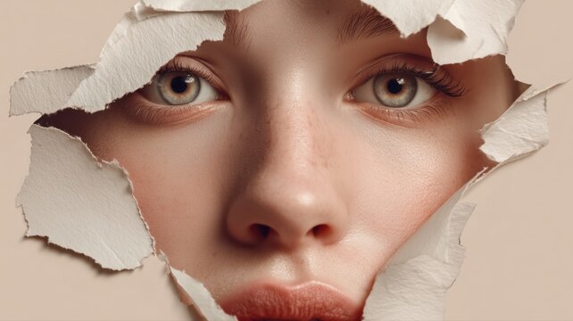 破れた紙の隙間から見える女性の顔のアップ。美容やスキンケアの広告や雑誌に適したイメージ