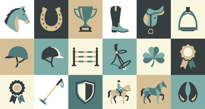 Horse riding icons arranged in a grid display various equestrian equipment and symbols for sports enthusiasts.