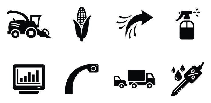 Modern farming equipment icons for agriculture technology and smart farming solutions collection.