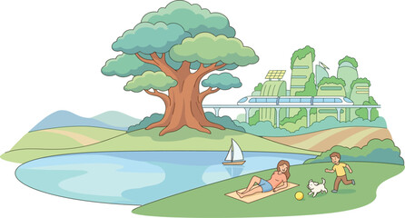 Obraz premium Family enjoys a peaceful afternoon relaxing by the lake in a modern green city with sustainable architecture.