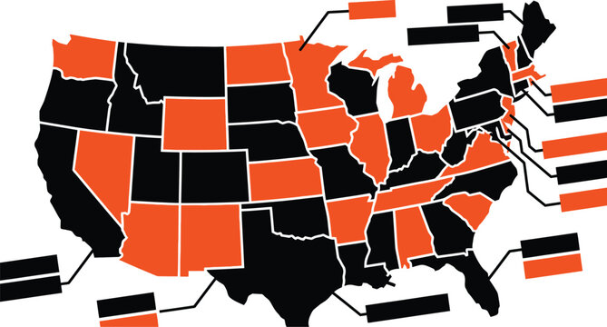 United States map features a high contrast color scheme with callout boxes for regional data analysis.