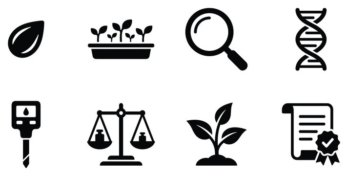 Seedling growth DNA test soil measurement scale plant and laboratory research icons.