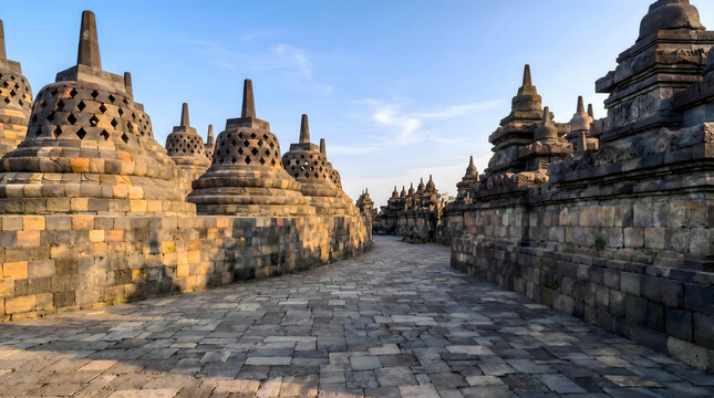 Borobudur temple stupas and stone pathway at sunrise