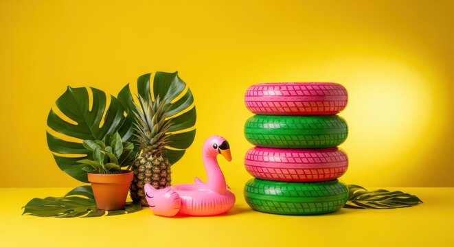 Summer vacation still life with pink flamingo float, pineapple, tropical palm leaf, and colorful inflatable ring on yellow background