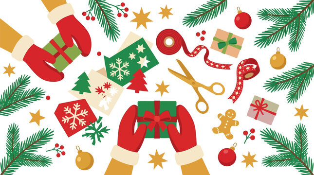 Hands in red mittens wrapping Christmas presents with festive ornaments and pine branches surrounding them.