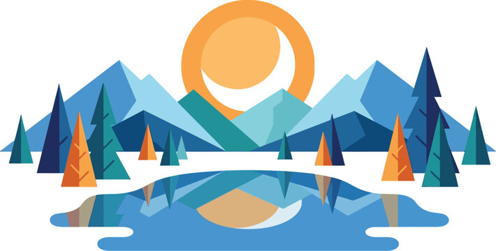 Mountains rise above a frozen lake under a bright orange winter sun in a stylized landscape.