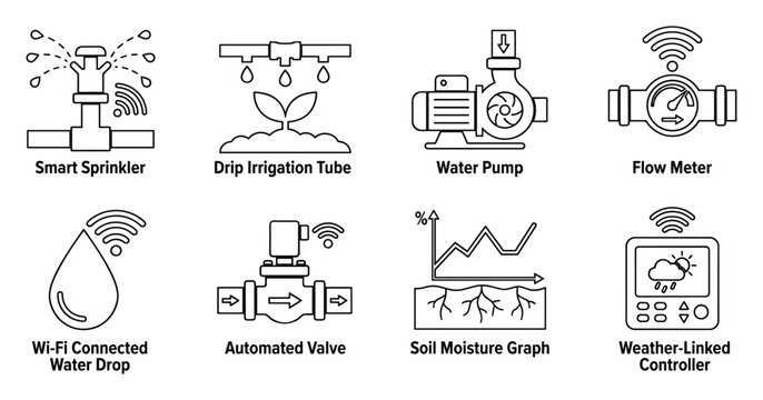 Smart sprinkler drip tube water pump flow meter wi fi drop automated valve soil moisture graph.