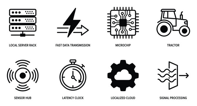Smart farming technology icons showing data, network, tractor, and processing for agriculture.