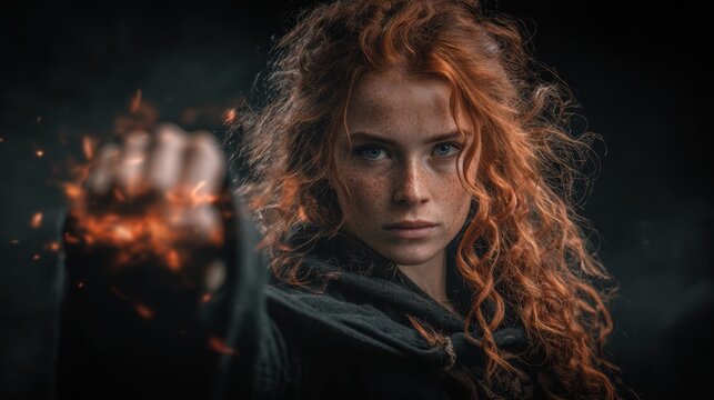 Fantasy wallpaper. A dramatic portrait of a young woman with striking red hair and freckles. She holds a fiery object in her right hand, emitting a bright orange glow. The womans gaze is intense.