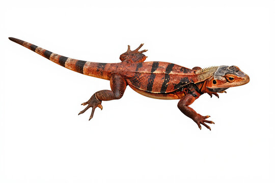 Red tegu lizard isolated on white. This argentine reptile shows striking black bands on orange skin. Reptilia family member in studio shot, common pet for exotic animal lovers.