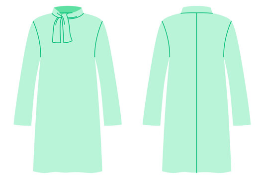 Green tie neck dress with straight silhouette and clean construction lines, smooth shaping soft feminine appearance with decorative accent. Technical fashion illustration in flat color, front back
