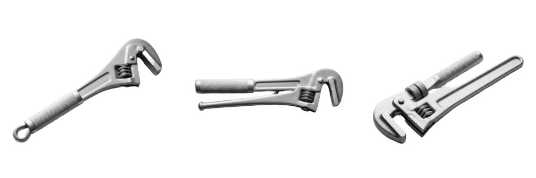 Set of Silver Metal Pipe Wrench Tool Isolated on White Background, PNG