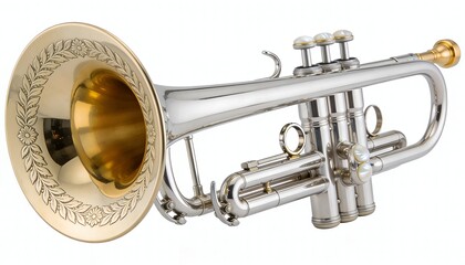 Naklejka premium Professional Silver and Gold Trumpet with Pearl Valve Buttons Isolated on White