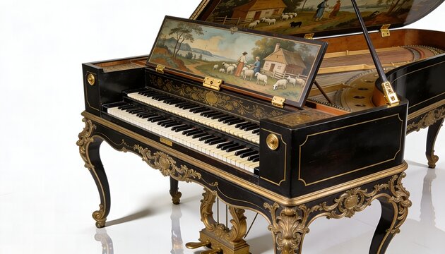 Antique Baroque Harpsichord with Double Keyboard and Hand-Painted Lid Landscape Isolated on White