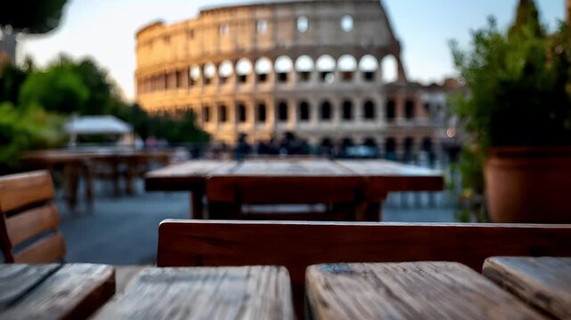 Outdoor caf bar restaurant. A vivid outdoor scene features the Colosseum, a historic Roman amphitheater, illuminated by the setting sun. Wooden tables and chairs are in the foreground.