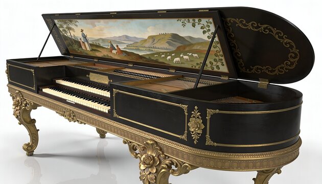 Antique Baroque Harpsichord with Double Keyboard and Hand-Painted Lid Landscape Isolated on White
