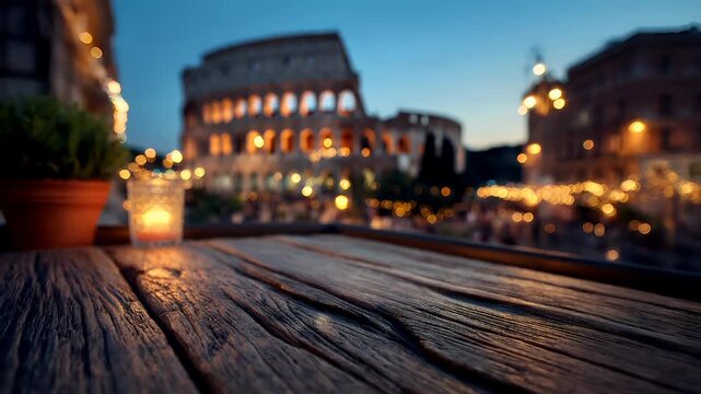 Outdoor caf bar restaurant. A nighttime scene features the Colosseum, a historic Roman amphitheater, illuminated with warm, golden light.