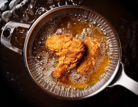top down view of chicken frying in hot bubbling oil crispy cooking process showing deep frying action heat texture and delicious comfort food preparation