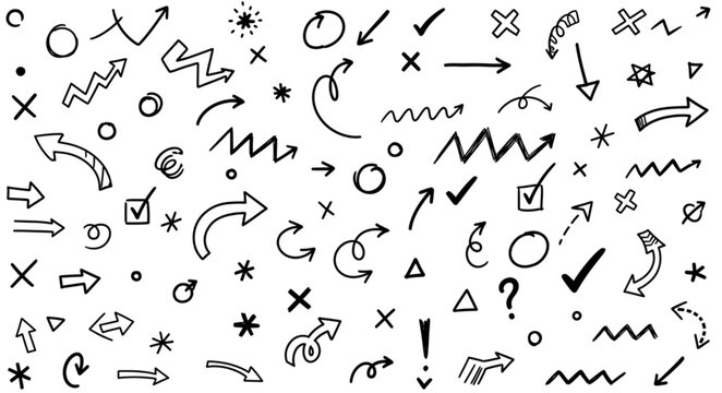 Collection of Hand Drawn Arrows and Symbols Doodle Style.