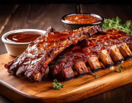 closeup of st louis cut spare ribs with hot rub and barbecue sauce on a cutting board with copy space image