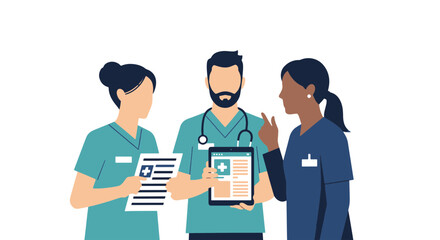 Three Healthcare Professionals Discuss Patient Data on Nurse Day © Afi