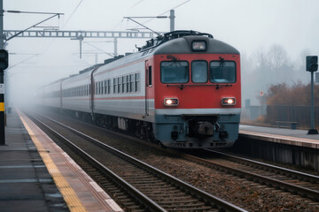 Fototapeta premium Red and white passenger train arrives at foggy station platform. Commuters wait for transport on autumn morning. Morning commute through low visibility.