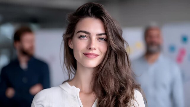 Female diversity. Human rights, equal opportunity concept. A portrait of a woman with long, wavy brown hair, wearing a white blouse. She has a neutral expression and is looking directly at the camera.