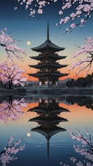 Obraz premium Japanese Pagoda at Sunset: The iconic Japanese pagoda stands in serene reflection on a tranquil lake, framed by delicate cherry blossoms under the twilight sky.