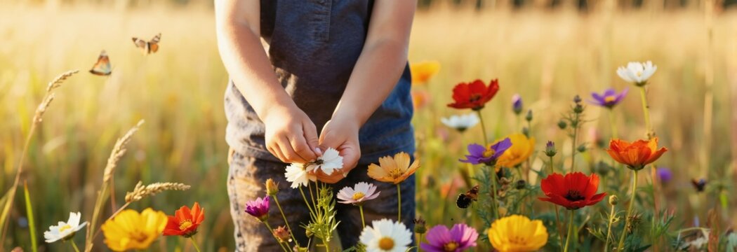 Child picks colorful wildflowers in sunlit meadow. Butterflies fly around flowers blooming brightly. Young person enjoys nature outdoors during sunny day.