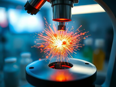 A microscope focuses on a laser beam.