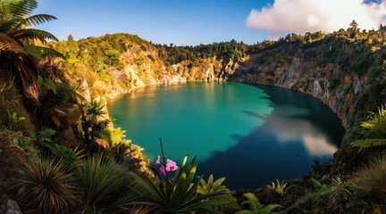 Obraz premium Turquoise lake fills volcanic crater surrounded by green cliffs and rich vegetation. Blue sky with white clouds shines bright sunlight on water and rocks. Peaceful natural landscape.