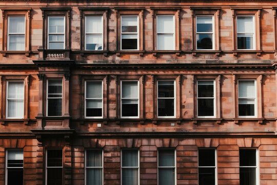 Terraced sandstone tenement facade with multiple windows. Reddish brown brick building exterior shows old architecture style. Typical Glasgow residential homes with stone walls. Urban streetscape