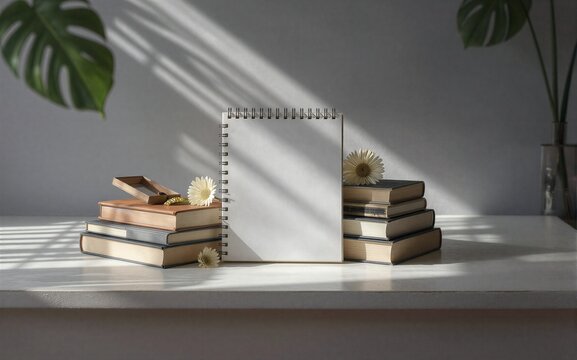 Books notebook and daisies bathed in soft sunlight on a minimalist
