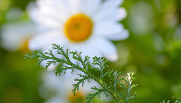 Macro close up of fresh chamomile (Matricaria chamomilla) fern-like leaves with razor-sharp focus on textured foliage and cinematic blurred flower background for aromatherapy
