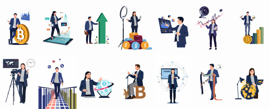 Comprehensive set of professional flat illustrations featuring business characters analyzing stock markets, trading cryptocurrency, and managing global financial investments for corporate growth.