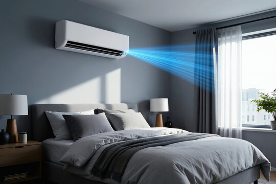 Bedroom interior features wall mounted air conditioner unit blowing cool blue air onto neat bed. Modern white AC cools cozy room with window daylight. Comfortable climate control for sleep.